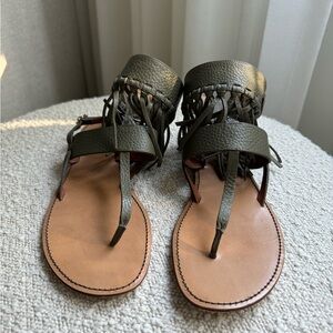 Valentino Khaki green fringe thong leather sandal